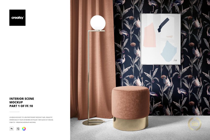 Contemporary interior mockup showing a round ottoman, standing lamp, pink curtain, and dark floral wall design.