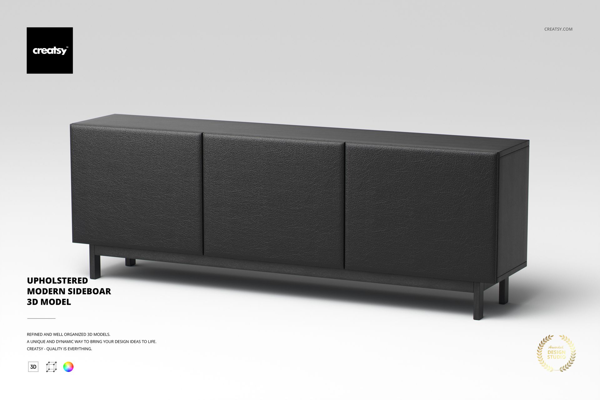 Modern upholstered sideboard in dark gray color, shown from a front angle on a plain light background.