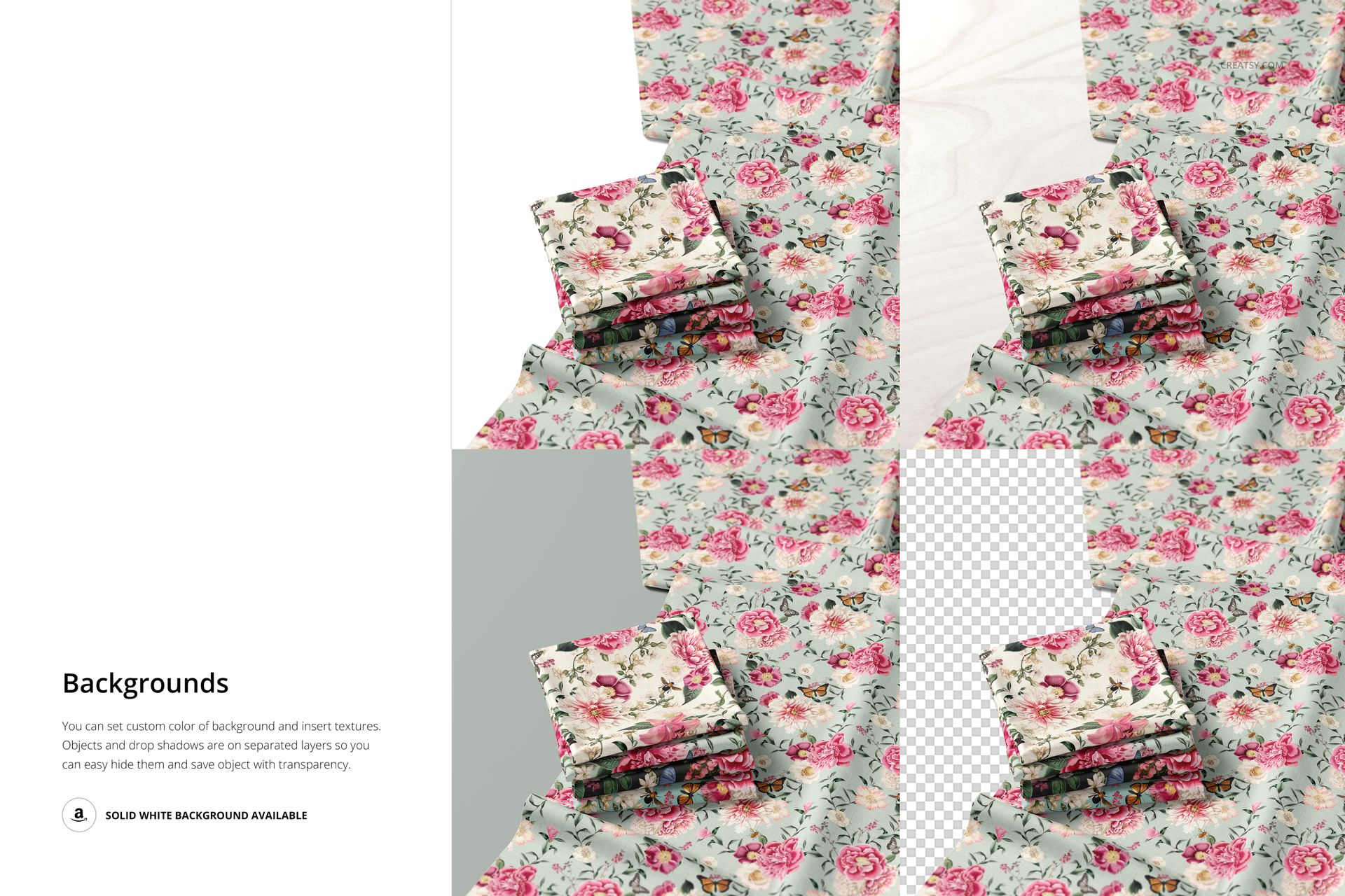 Mockup of folded fabric stacks with pink and green flowers, presented on wood, solid, and transparent backgrounds.