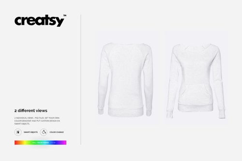 PSD mockup of a blank women’s sweatshirt displayed in front and back view, set against a neutral white background.