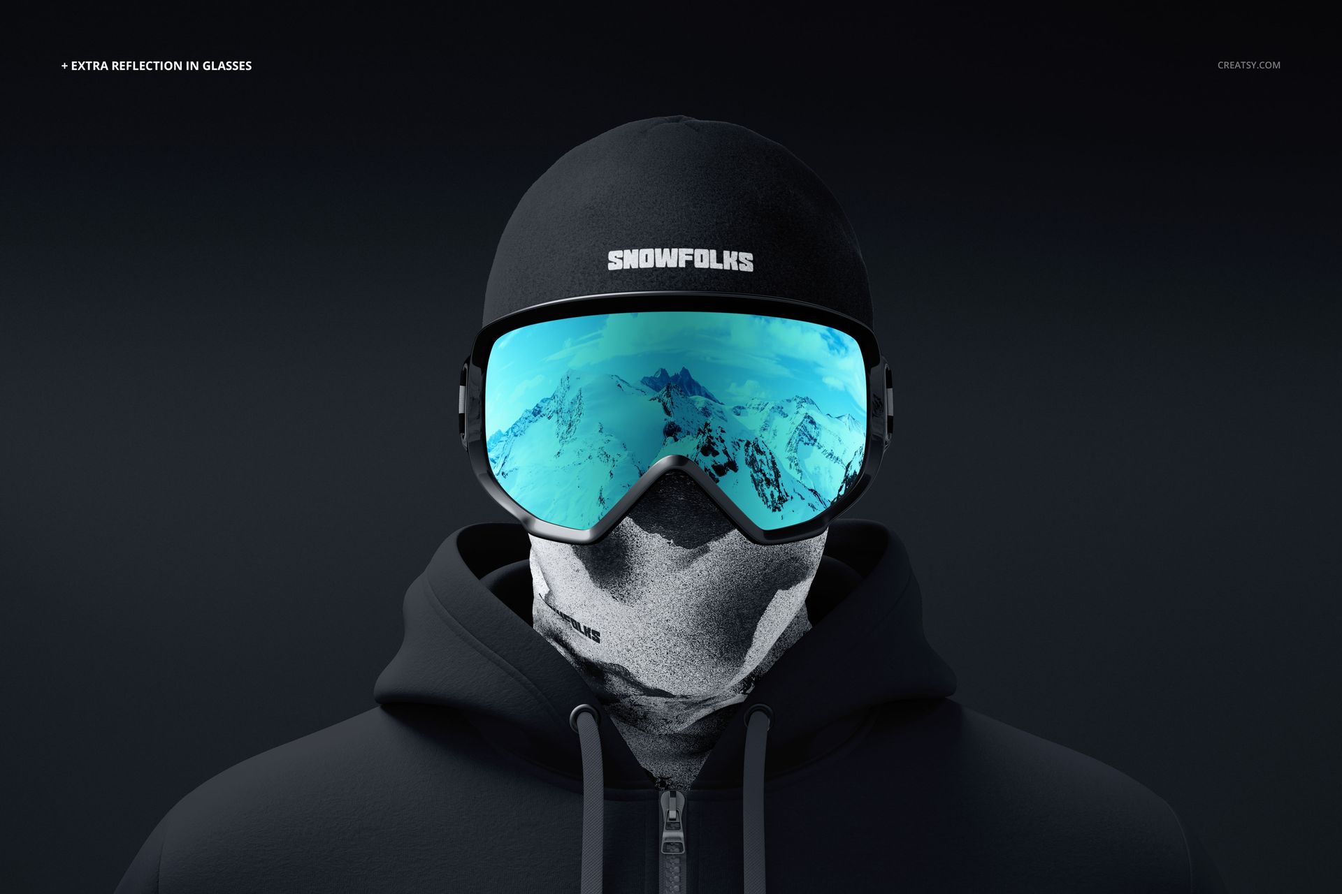 Front view of a person wearing a black hoodie, ski goggles with mountain reflection, and a gray neck gaiter mockup.