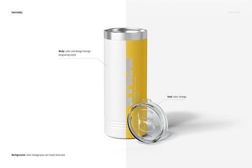 Front view of a powder coated skinny tumbler mockup, featuring a yellow and white body and transparent lid on white background.