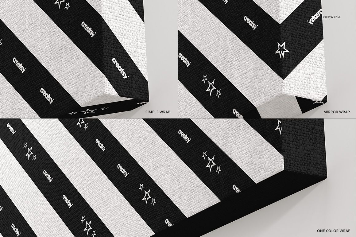 Close-up view of three canvas print mockup options showing black and white striped pattern with different wrap styles.