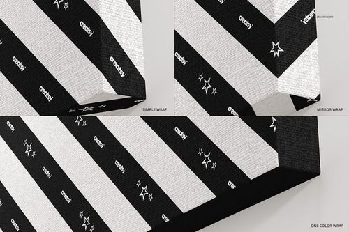 Close-up view of three canvas print mockup options showing black and white striped pattern with different wrap styles.