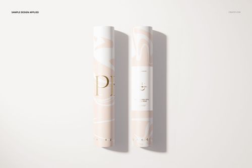 Rolled yoga mat mockup featuring soft pink and white swirls, shown from a top view on a neutral surface.