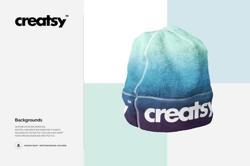 Fleece beanie in a blue and teal gradient design, front view, displayed on a mockup with a minimal background.