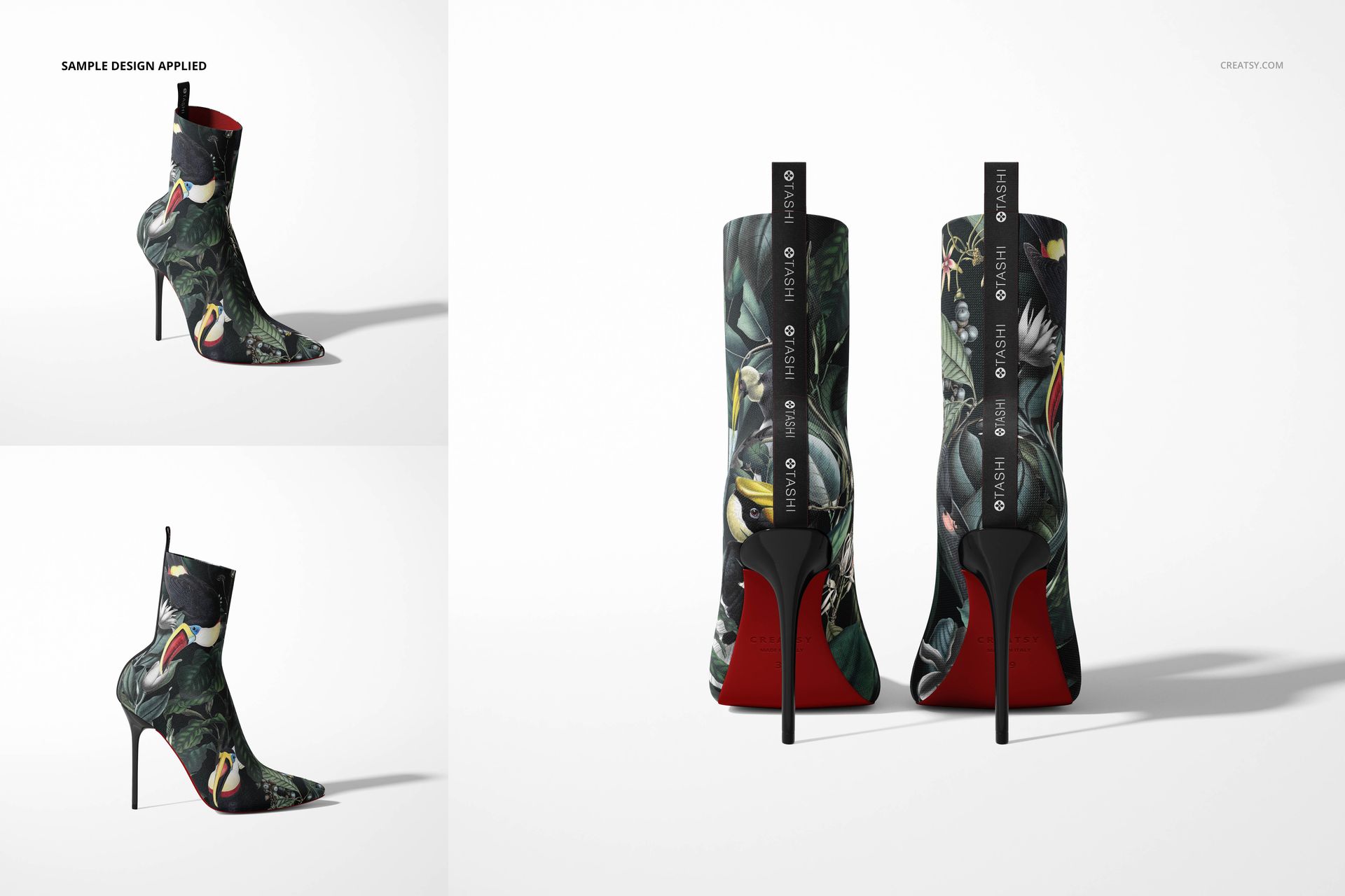 Mockup of fabric ankle boots featuring a dark botanical design, displayed from the side and back angles.