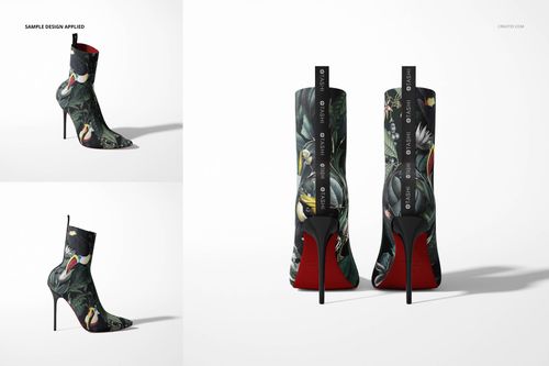 Mockup of fabric ankle boots featuring a dark botanical design, displayed from the side and back angles.
