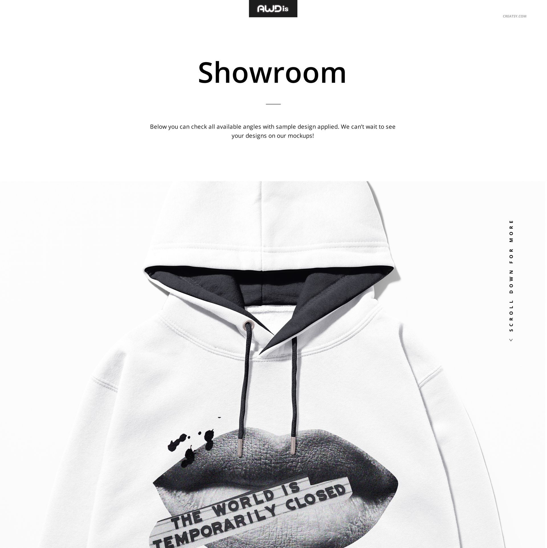 White adult hoodie mockup shown from the front, displaying a black and gray lips design with text overlay.