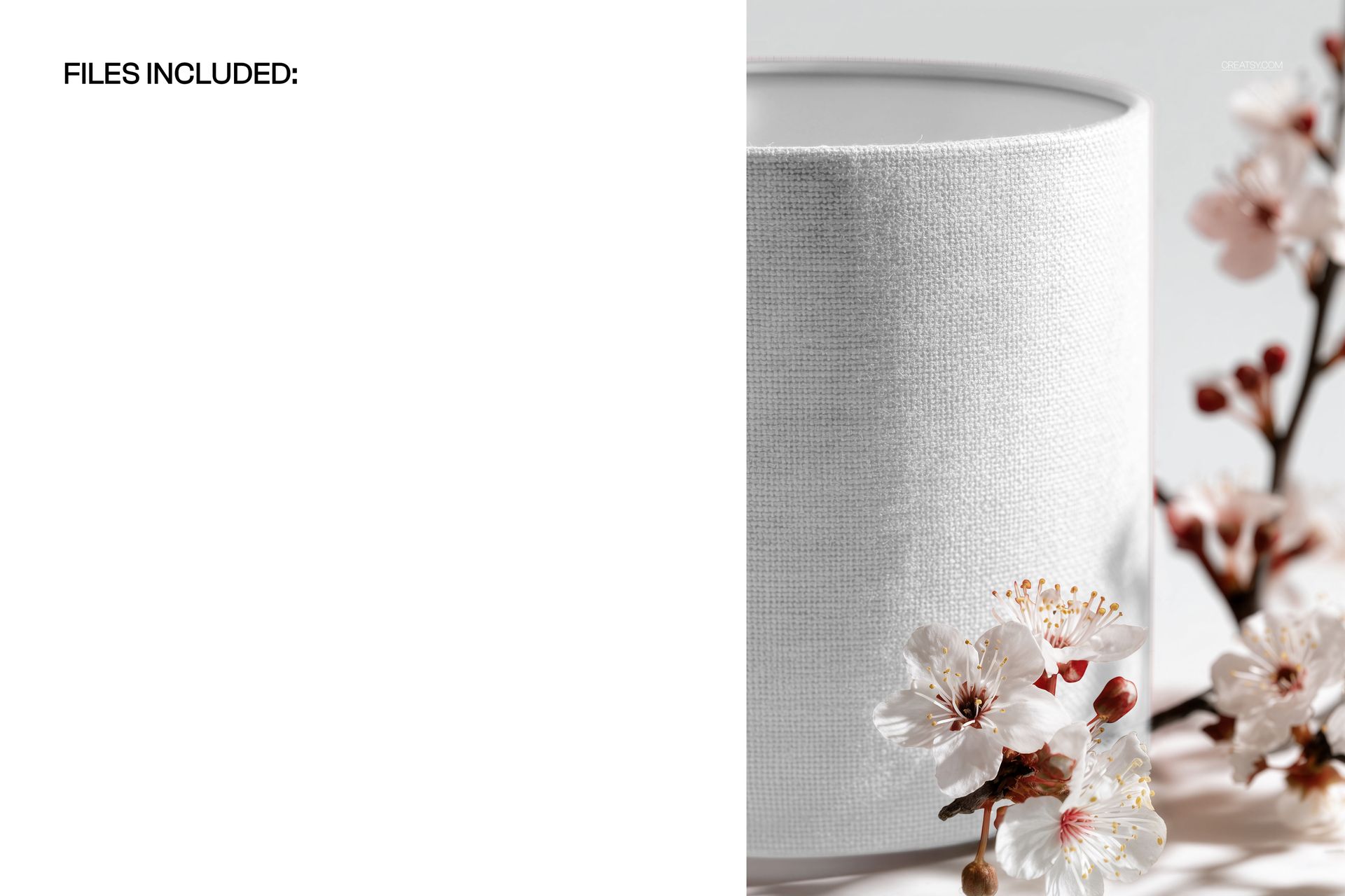 PSD mockup showing a cylindrical drum lampshade in white fabric, accented by delicate cherry blossom flowers in the foreground.