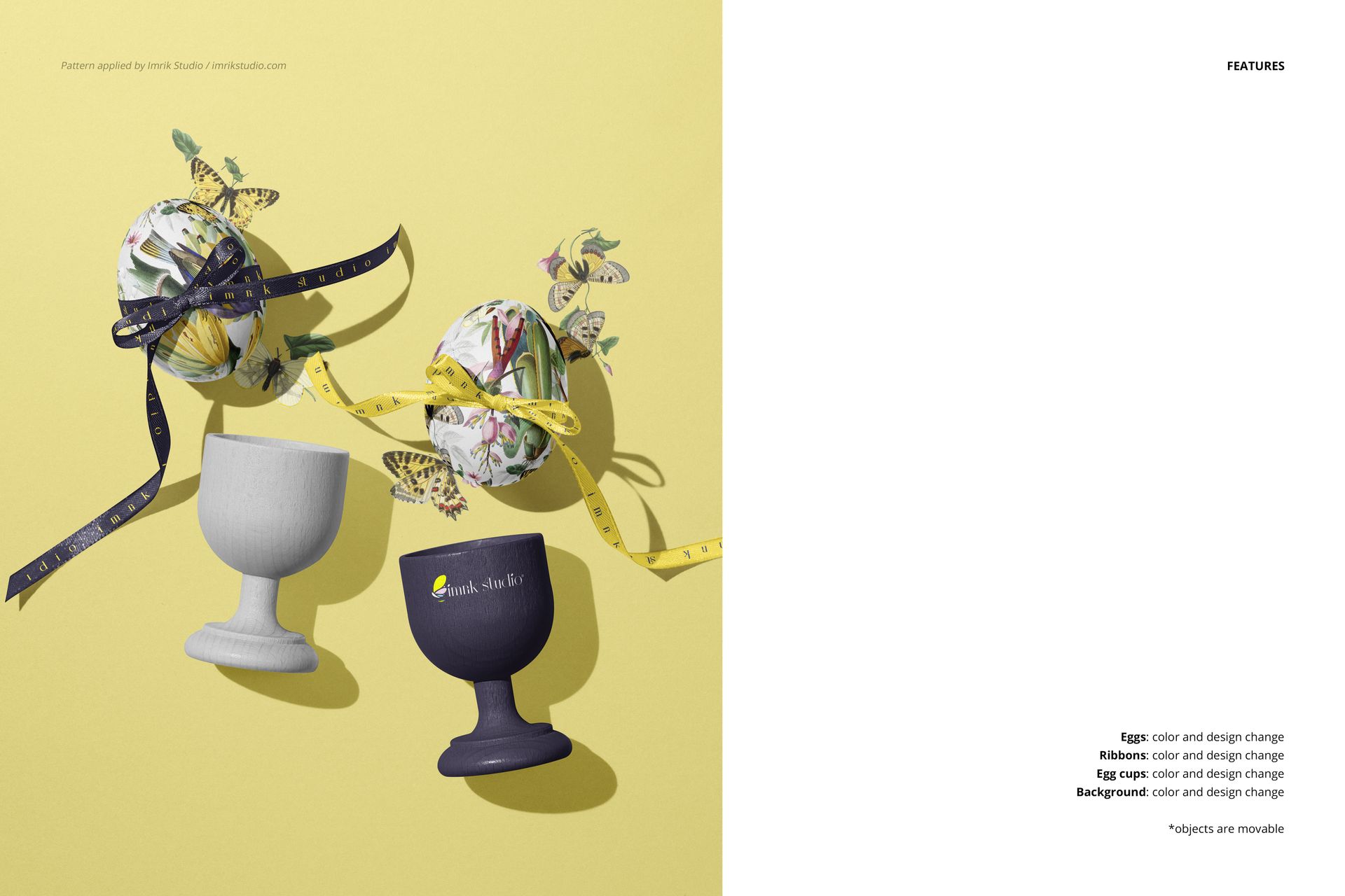 PSD mockup showing two Easter eggs with botanical designs and butterflies, set in egg holders with colorful ribbons.