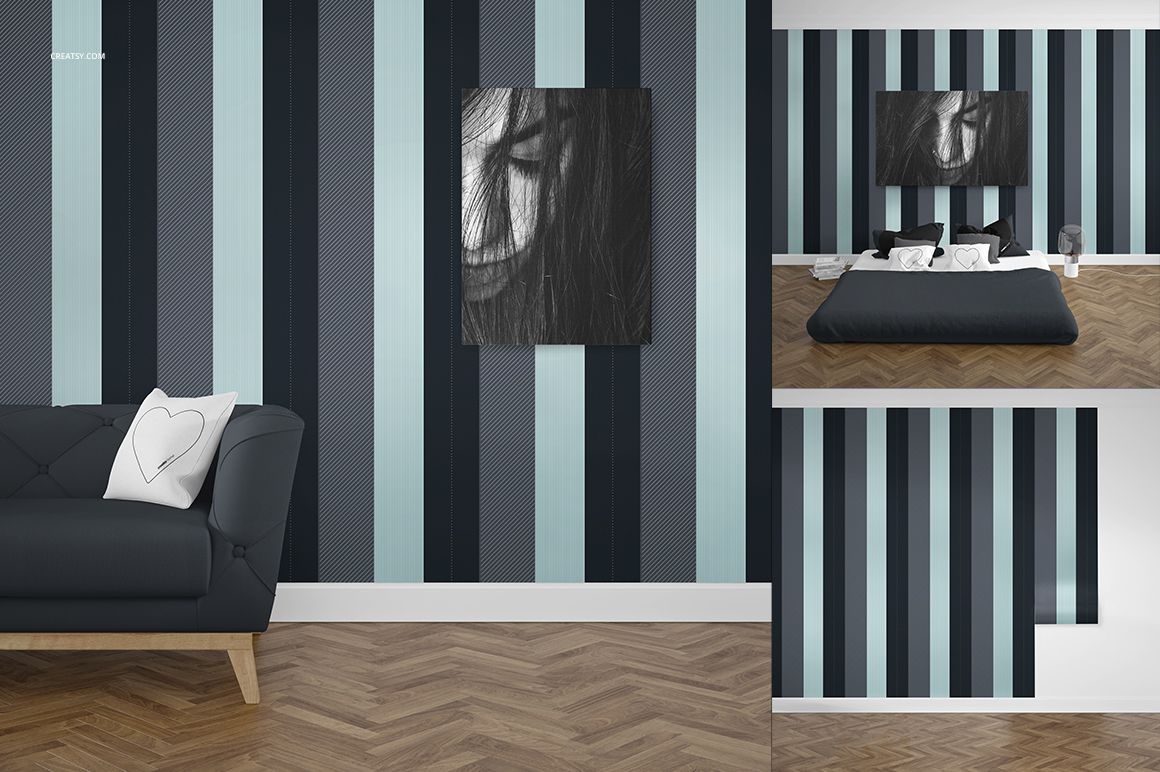 Interior mockup showing striped wallpaper, a canvas print, a low bed with pillows, and a dark sofa on a herringbone wood floor.