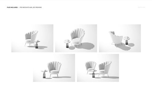 Set of white velvet shell armchairs shown from different perspectives, each paired with a small round table in a mockup scene.