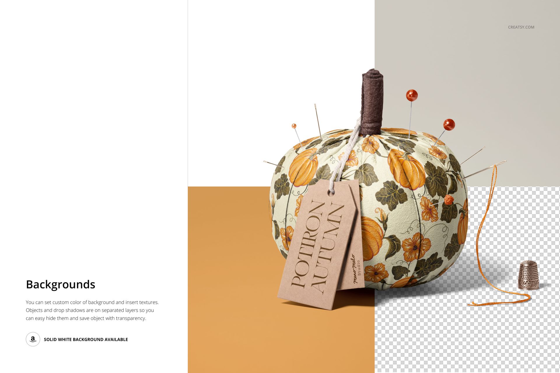 Fabric pumpkin mockup featuring autumn leaf print, brown stem, sewing pins, label tag, and thimble on the side.
