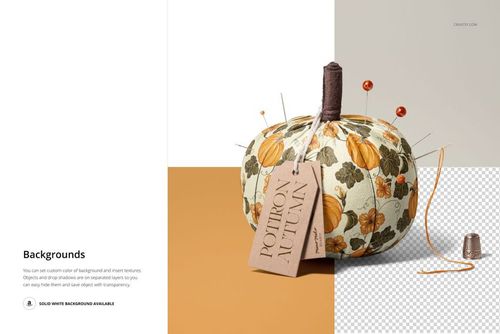 Fabric pumpkin mockup featuring autumn leaf print, brown stem, sewing pins, label tag, and thimble on the side.