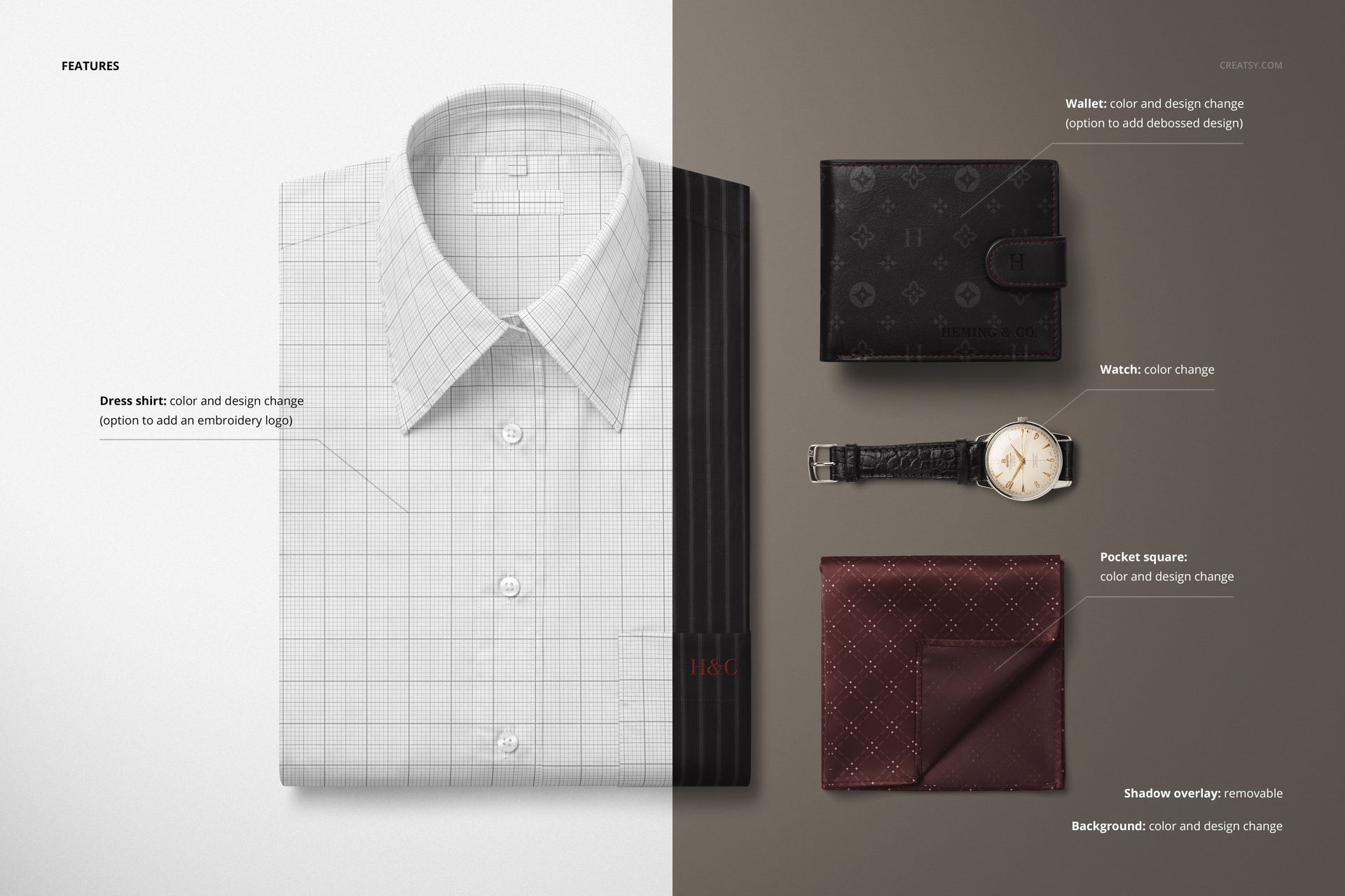 Men’s dress shirt mockup with grid pattern, paired with a dark leather wallet, wristwatch, and patterned pocket square.