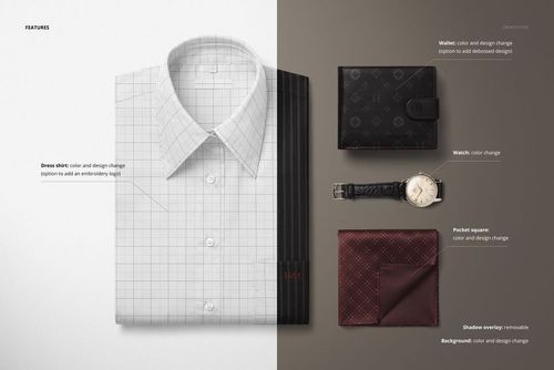 Men’s dress shirt mockup with grid pattern, paired with a dark leather wallet, wristwatch, and patterned pocket square.
