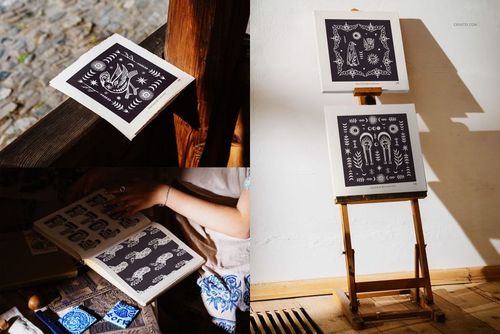 Set of folk-inspired prints in picture frames, featuring black and white patterns on wood and easel indoors.