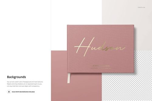 PSD mockup of a wedding guest book in landscape orientation, pink cover, gold text, and minimal geometric background.