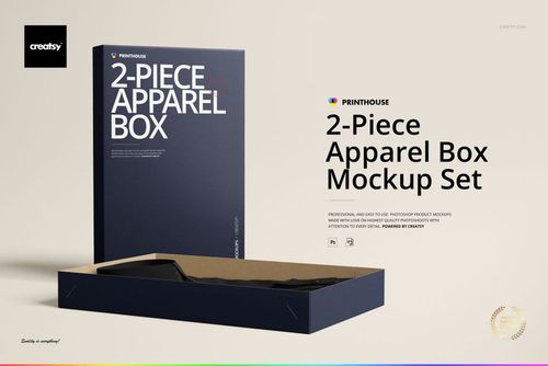 Two-piece apparel box mockup set featuring a closed upright box and an open box with clothing inside on a neutral background.