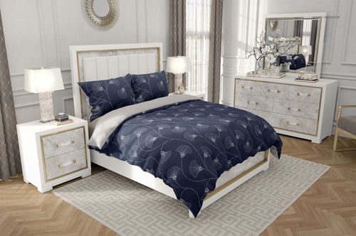 Luxury bedroom bedding mockup showing a double bed with blue and white linens, pillows, and stylish furniture.