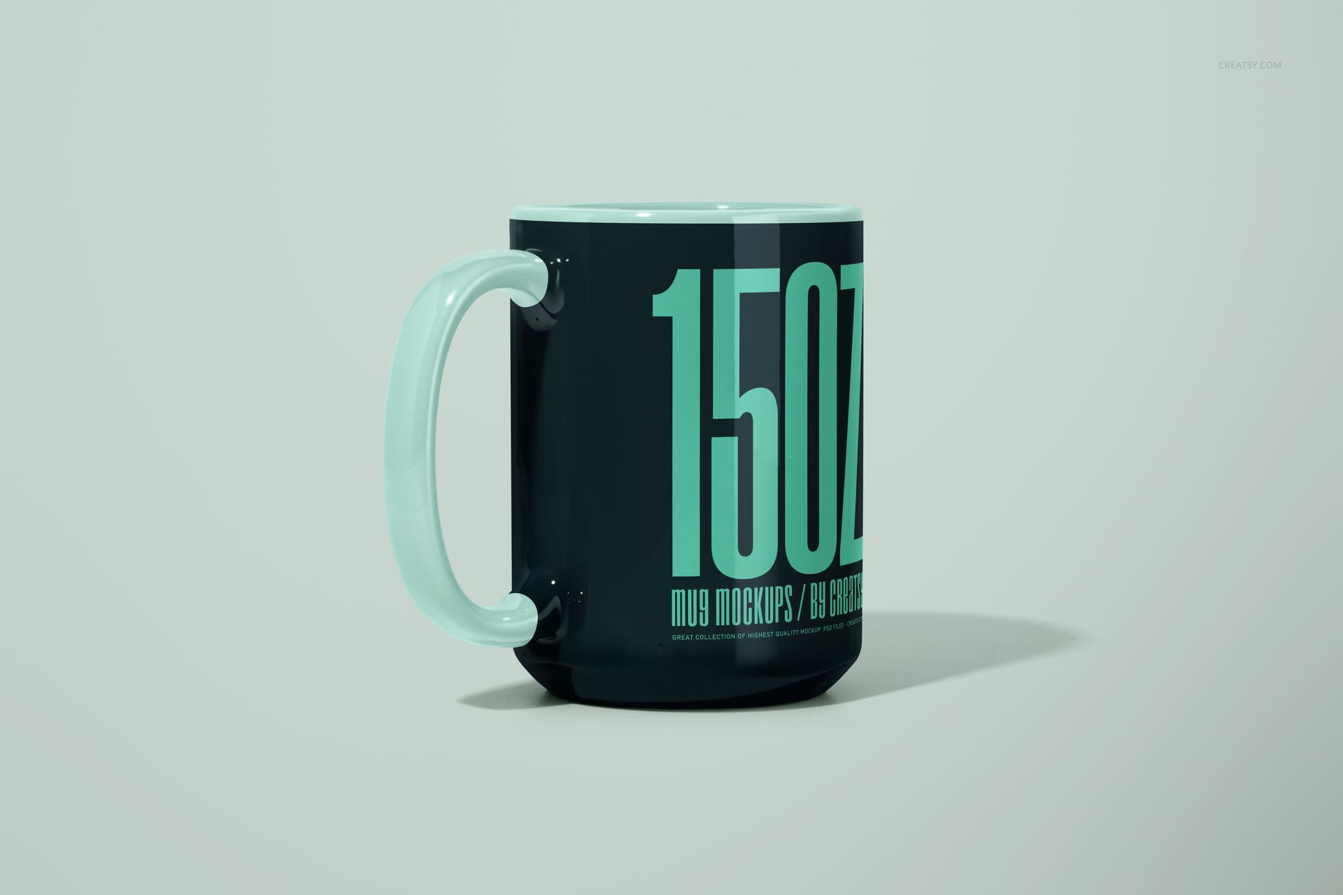 15oz mug mockup featuring bold mint green typography on a dark exterior, displayed from a front-side perspective.