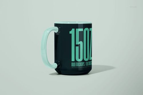 15oz mug mockup featuring bold mint green typography on a dark exterior, displayed from a front-side perspective.