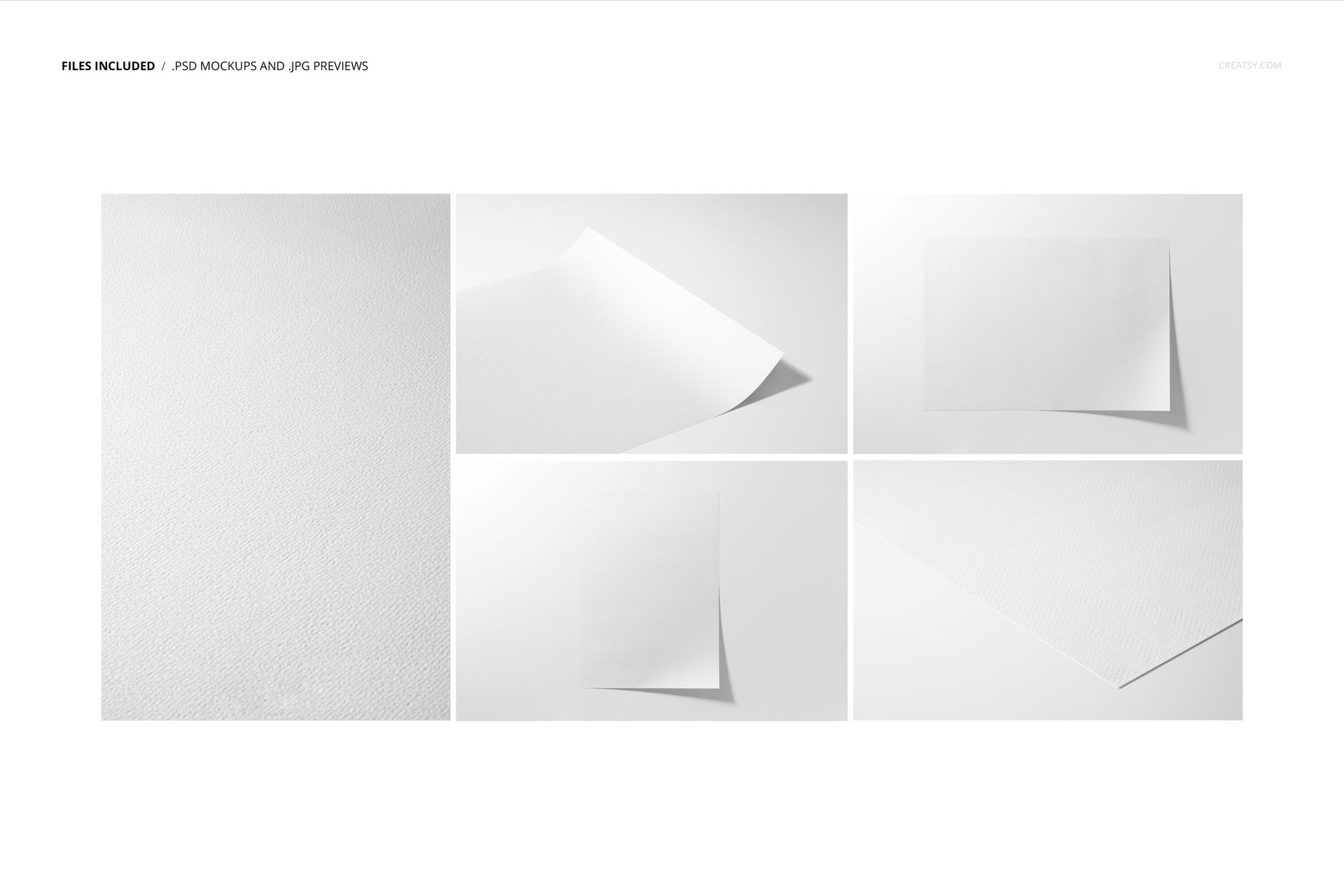 Set of five white fine art print mockups on textured paper, shown in various angles including top and close-up views.