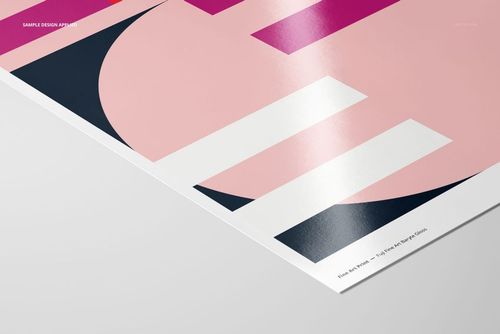 A3 fine art print mockup featuring a glossy paper surface with abstract geometric shapes in pink, white, and navy.