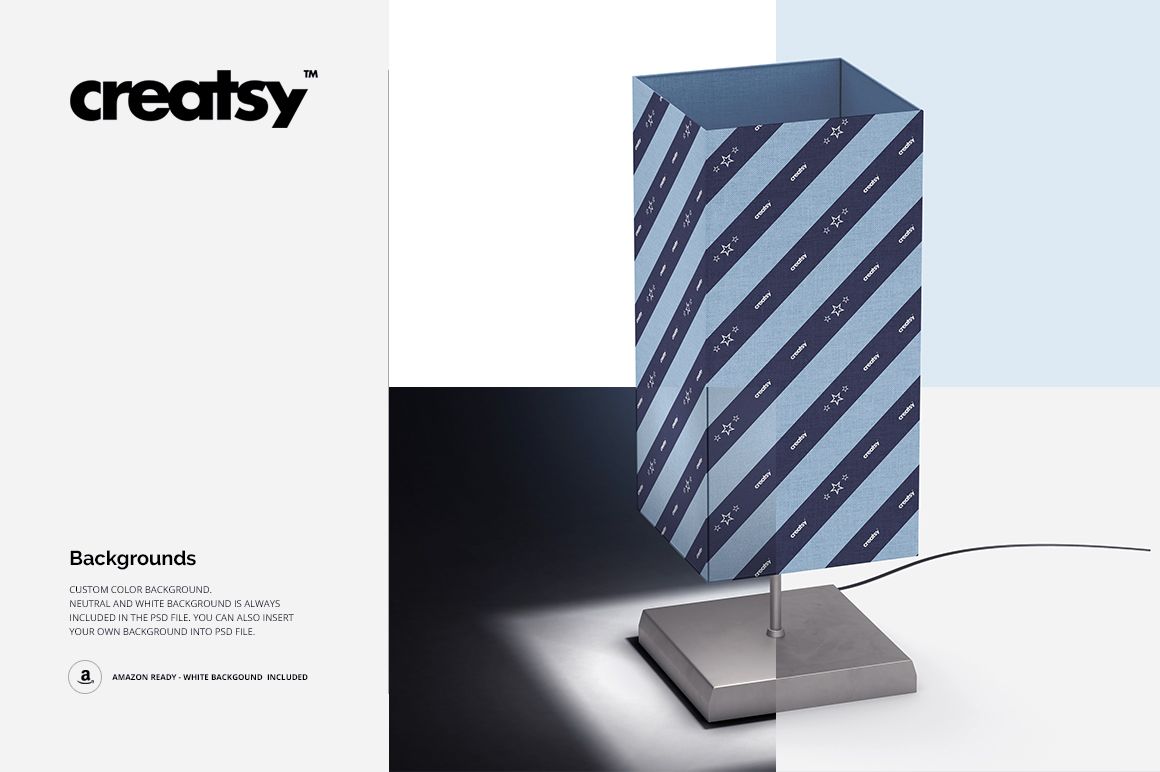 Lampshade mockup with geometric blue pattern, positioned upright on a metallic base with visible cord, front-facing perspective.