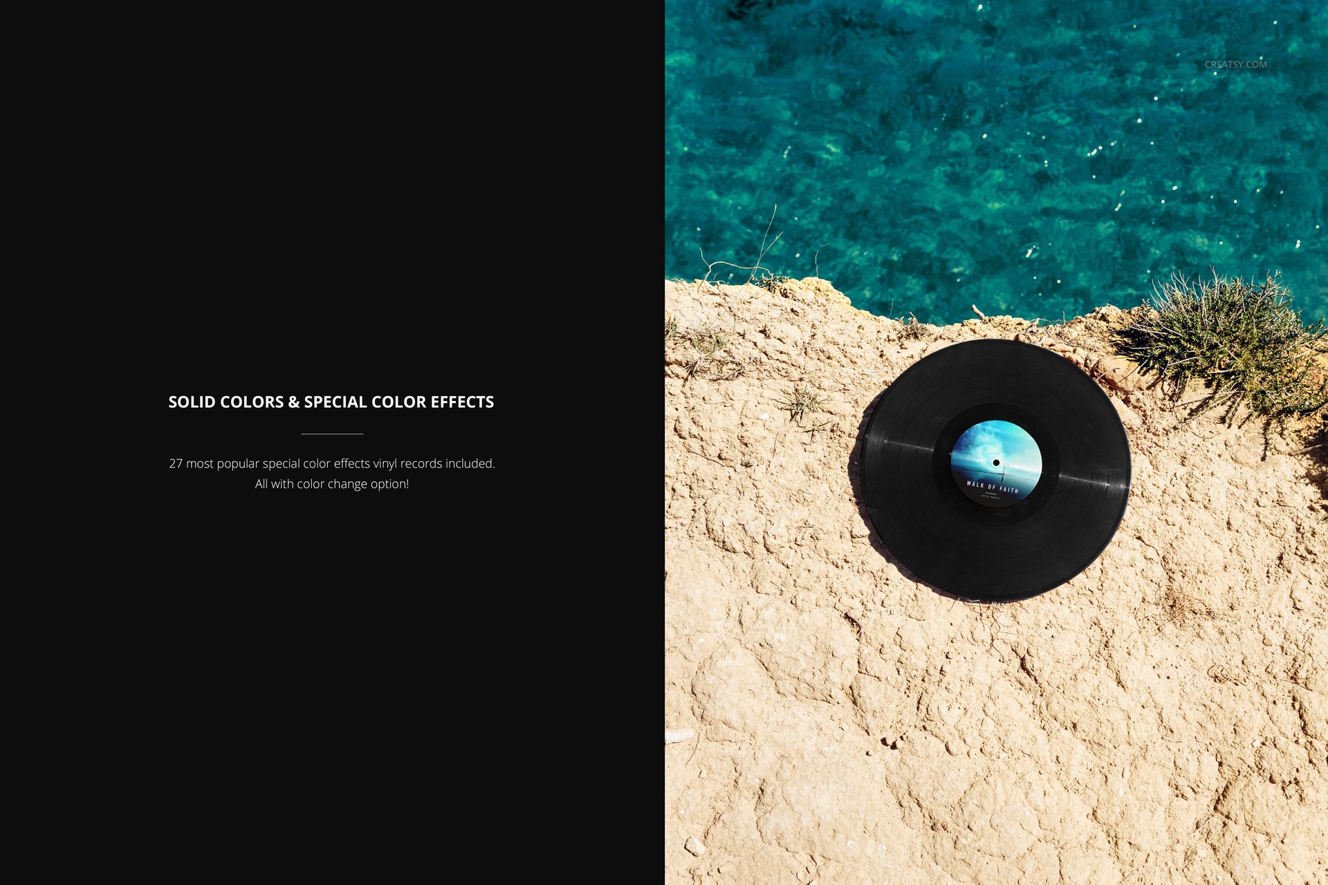 Top view of a black vinyl record placed on a light sandy beach beside turquoise crystal water, mockup scene.