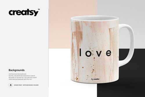 PSD mockup of a mug with a modern abstract print and the word 'love', positioned on white, beige, and black surfaces.