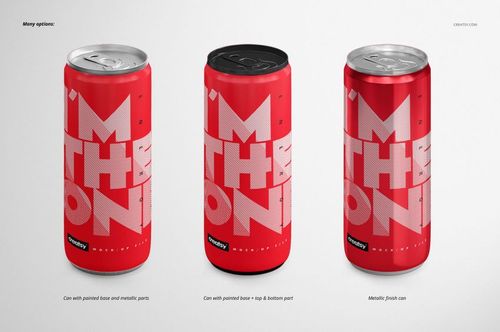 Three energy drink can mockups in red with large white lettering, shown with painted and metallic tops and bottoms.