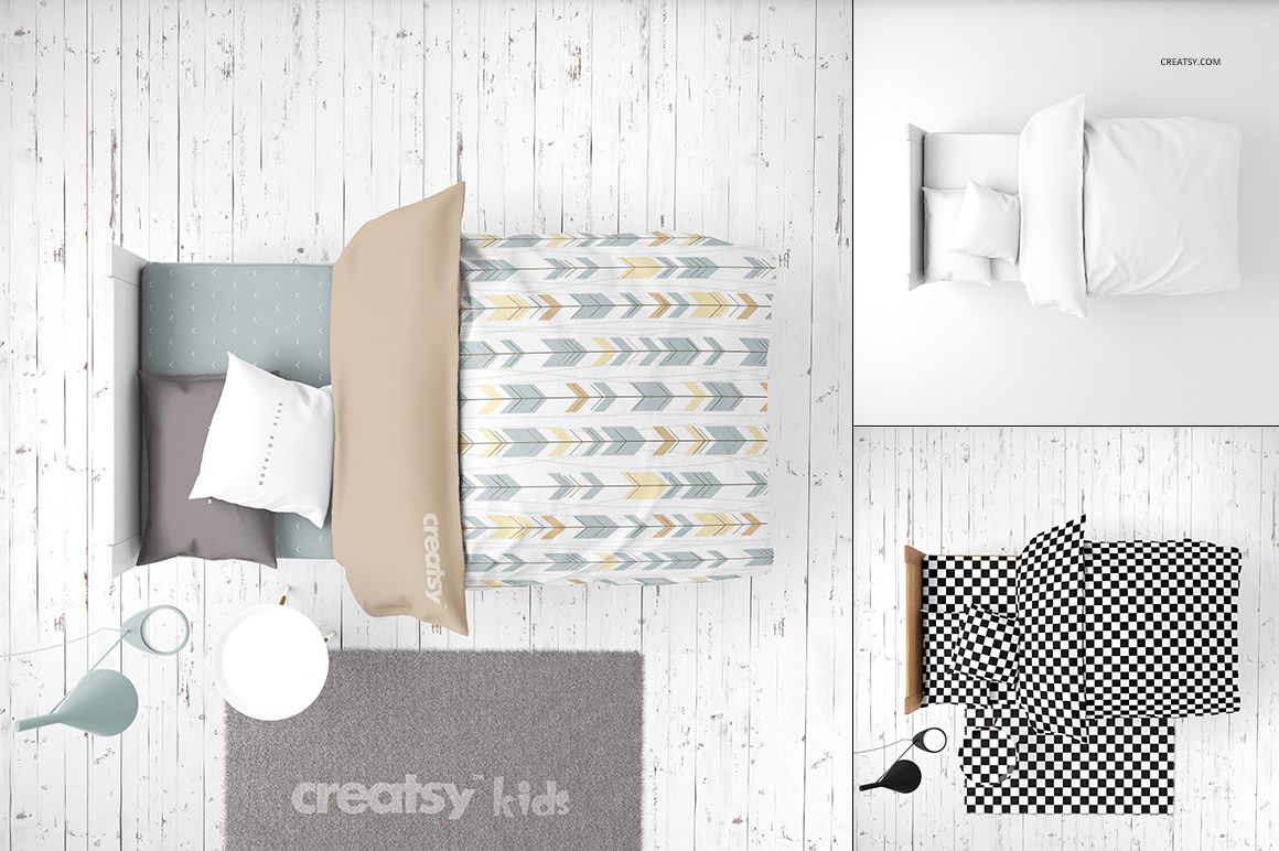 Top view of kids bedroom mockup with bed, patterned bedding, pillows, gray rug, and wooden floor background.