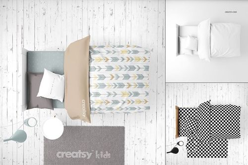 Top view of kids bedroom mockup with bed, patterned bedding, pillows, gray rug, and wooden floor background.