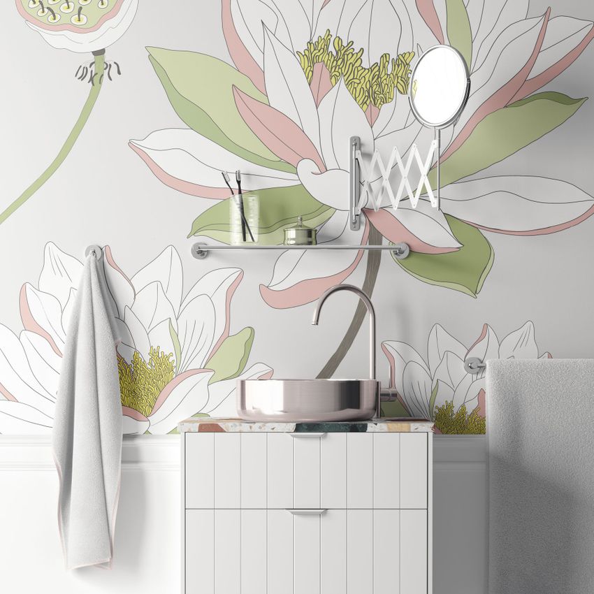 Bathroom wallpaper mockup showing a vanity with a round sink, wall-mounted shelf, and large floral pattern in soft green and pink.