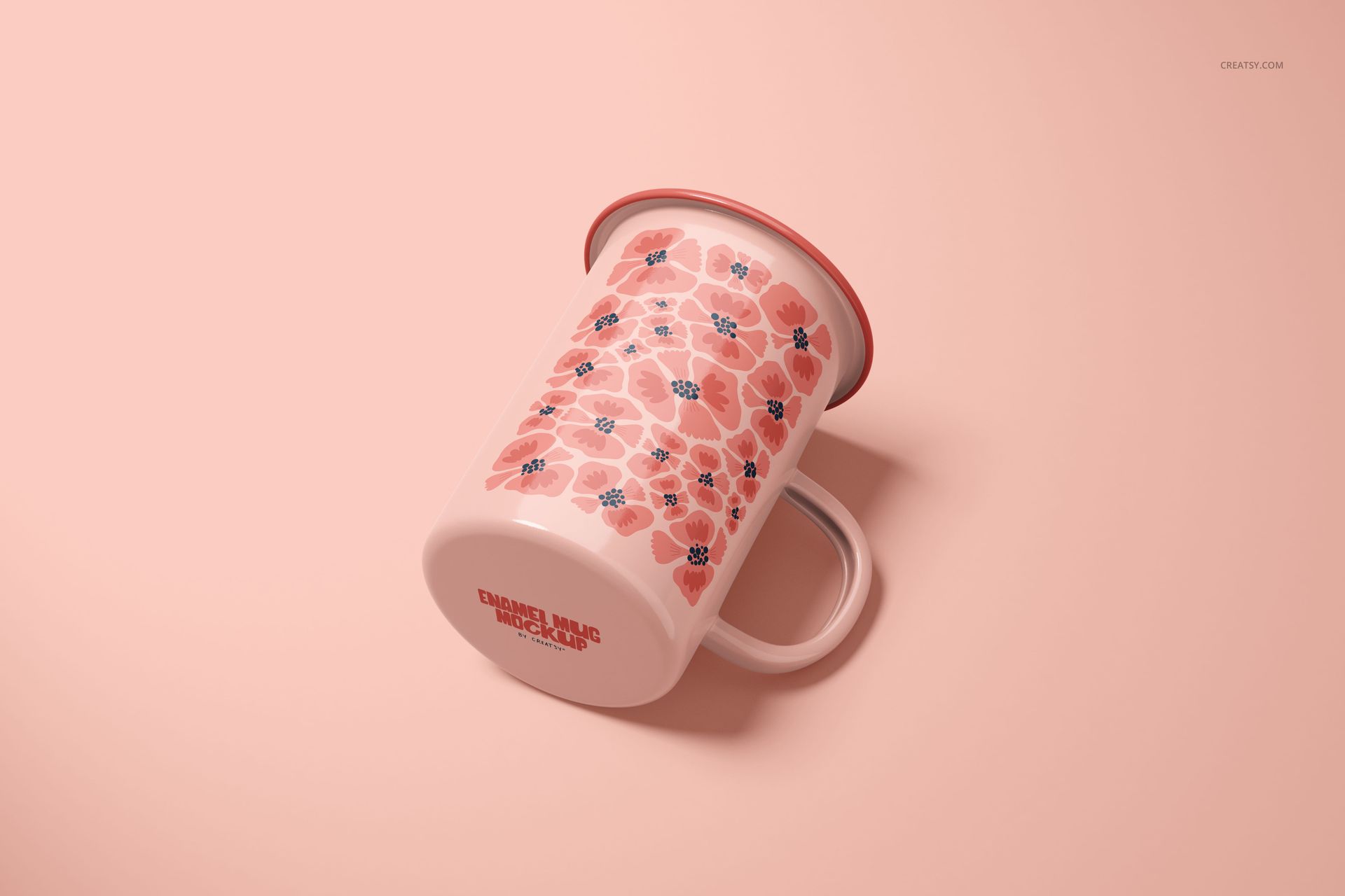 450ml enamel mug mockup featuring a pink and red flower design, displayed sideways on a pastel surface.