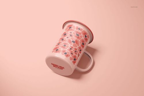 450ml enamel mug mockup featuring a pink and red flower design, displayed sideways on a pastel surface.