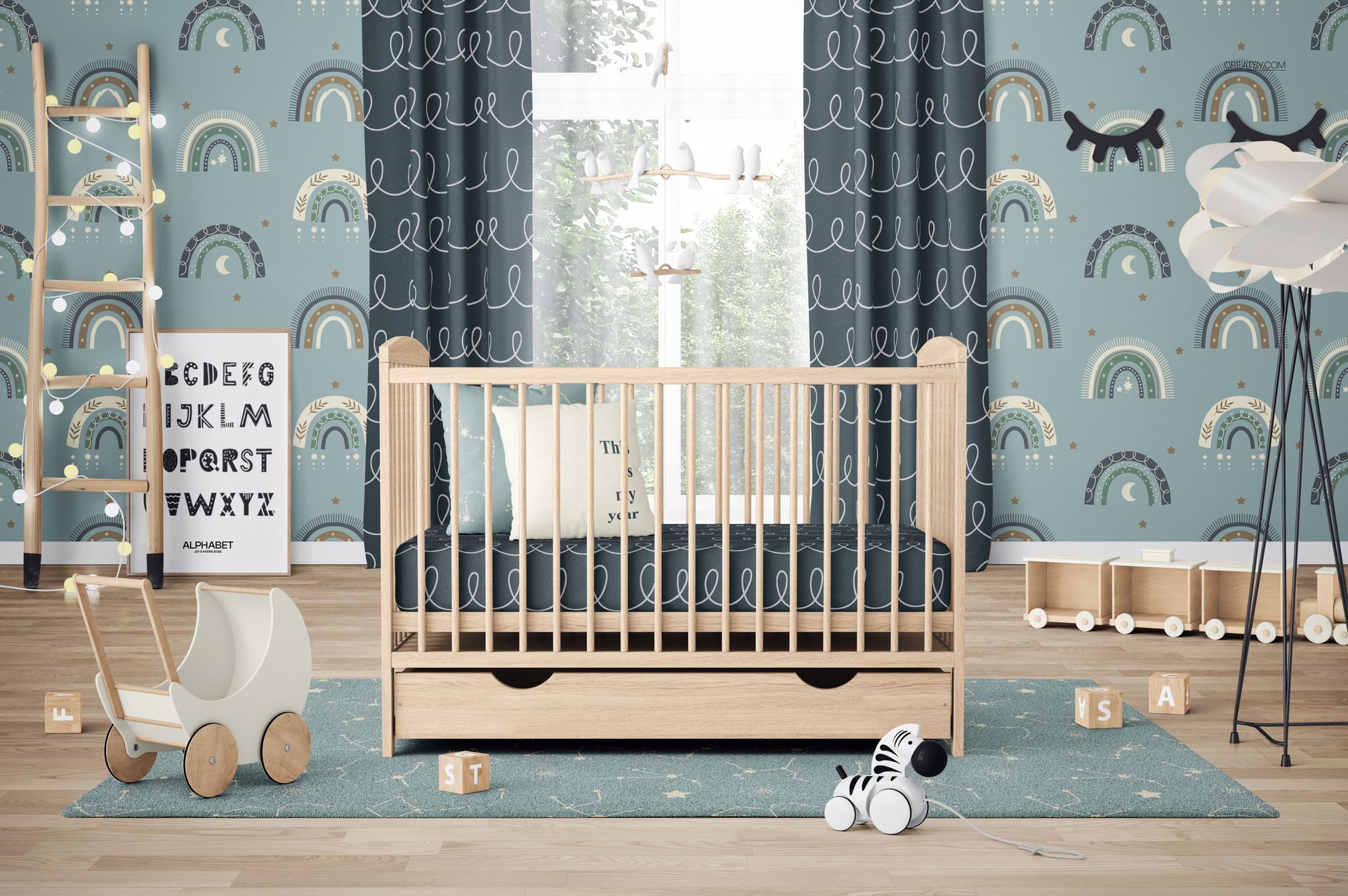 PSD mockup of a baby crib in a kids room with whimsical wallpaper, plush toys, and natural wood accents.