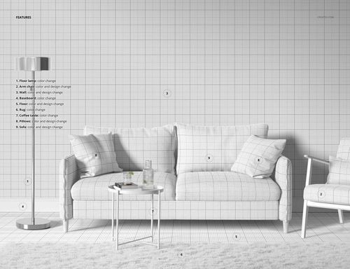 PSD mockup featuring a sofa and armchair with grid-patterned pillows, positioned on a textured rug beside a floor lamp.