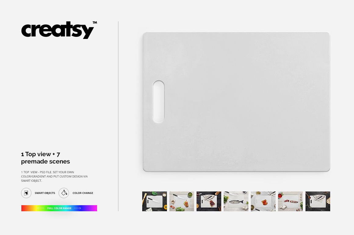 Polyethylene cutting board PSD mockup shown from above, featuring a simple rectangular shape and handle slot.