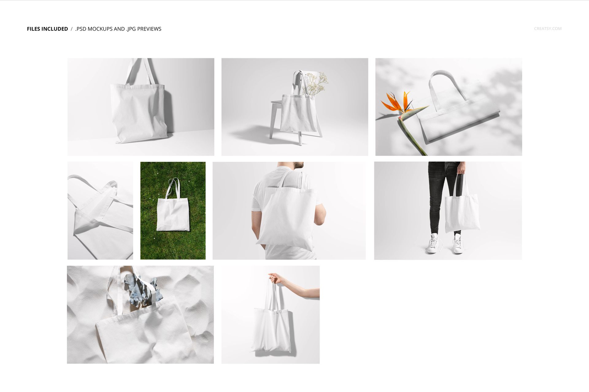 White tote bag mockup displayed from different angles, featuring natural light, props, and human interaction.