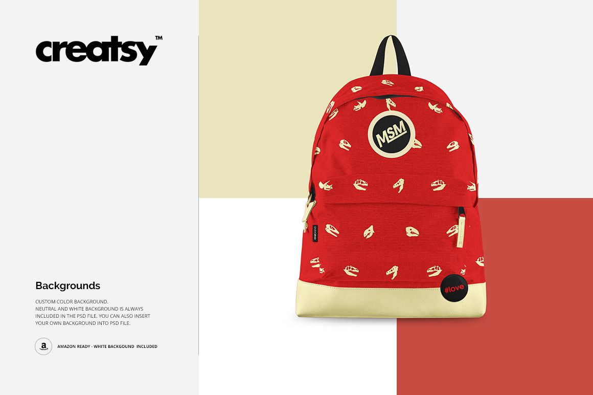 PSD mockup of a backpack featuring a red upper section, beige lower section, and circular badges, front perspective.