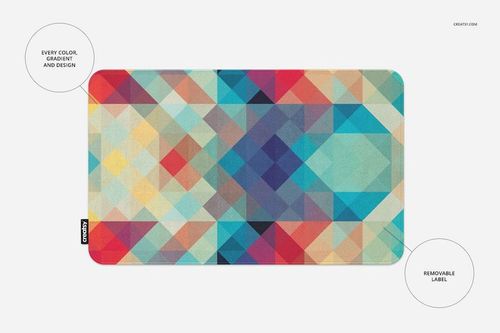 Round corners rug mockup displaying a vibrant, multicolored diamond and triangle pattern from a top-down perspective.