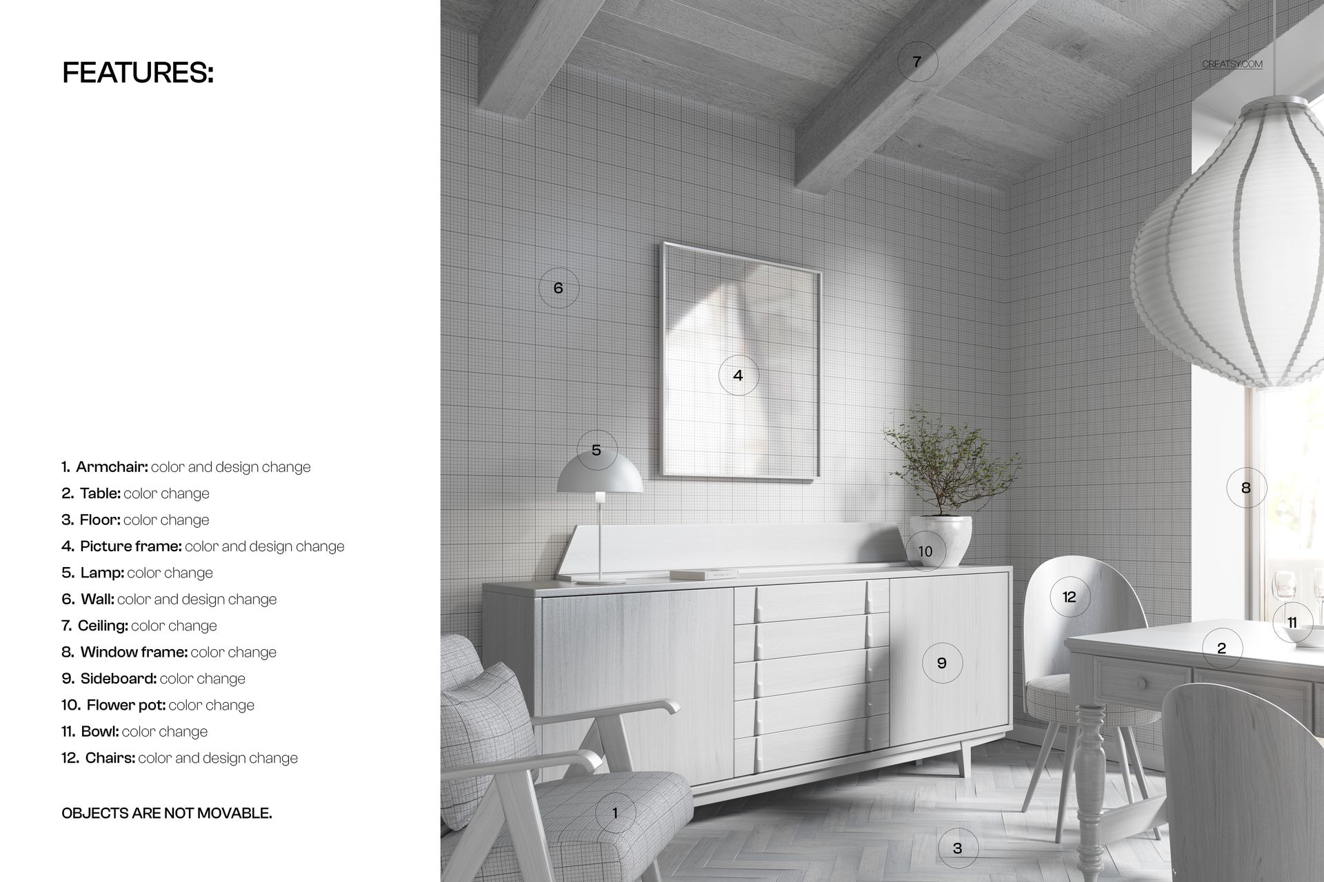 PSD mockup of a dining area featuring light-toned armchair, table, sideboard, and grid wallpaper with frame.