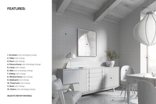 PSD mockup of a dining area featuring light-toned armchair, table, sideboard, and grid wallpaper with frame.