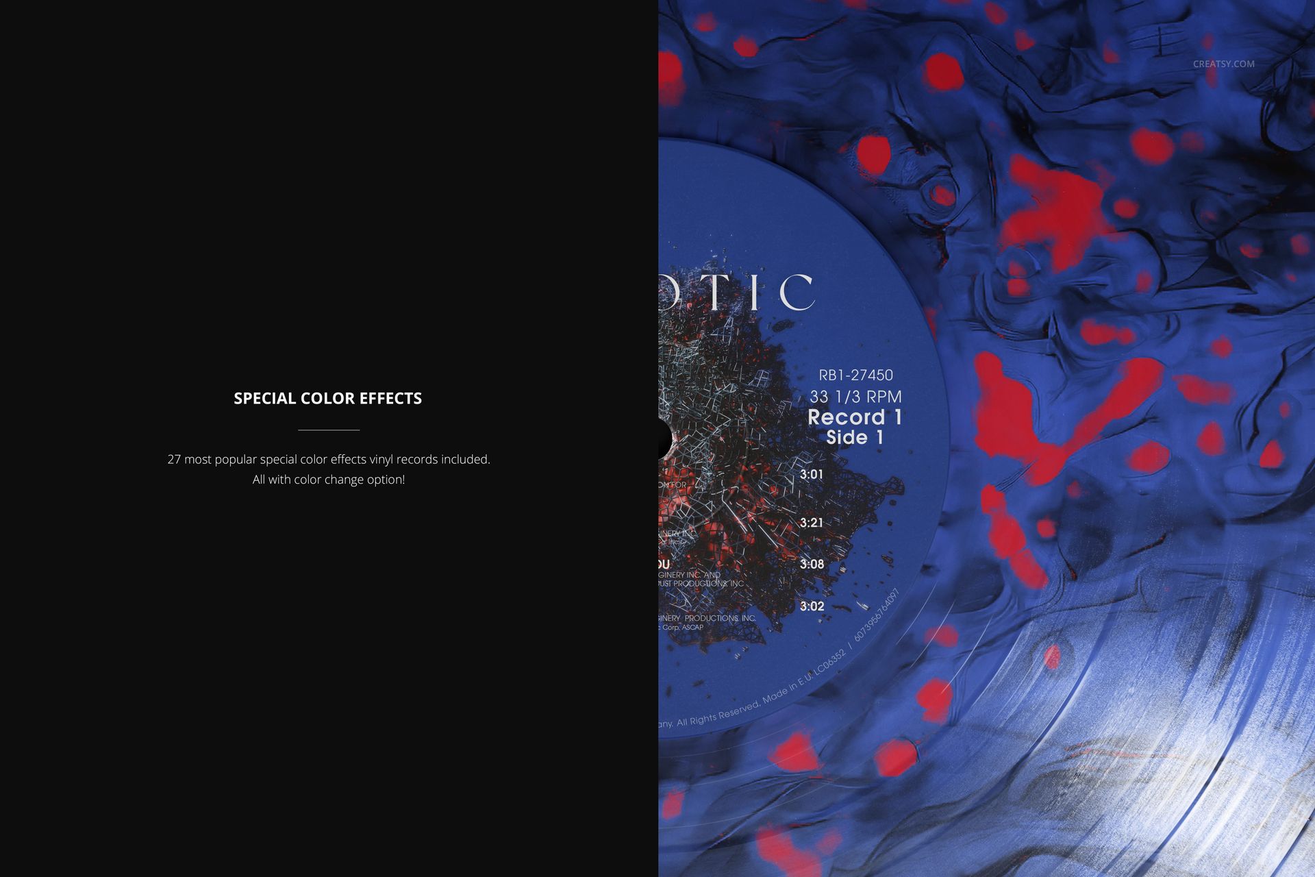 Colored vinyl record PSD mockup showing a blue label and vivid red swirls on a dark marbled background in close-up.