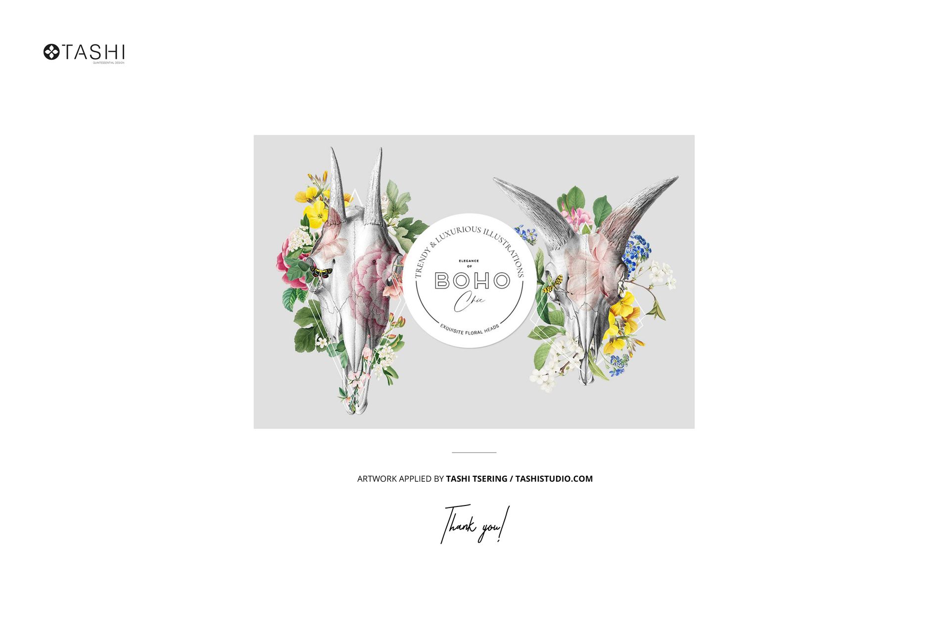 Wall tapestry mockup featuring two animal skull illustrations with floral arrangements on a light gray background, front view.