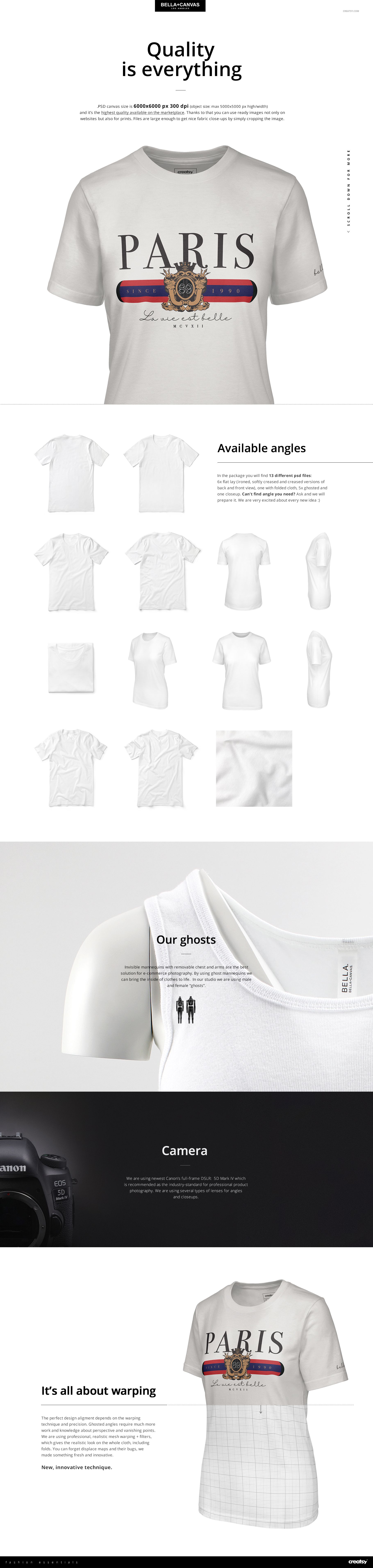 White unisex short sleeve tee mockup with Paris graphic, shown in front view and various angles on plain background.