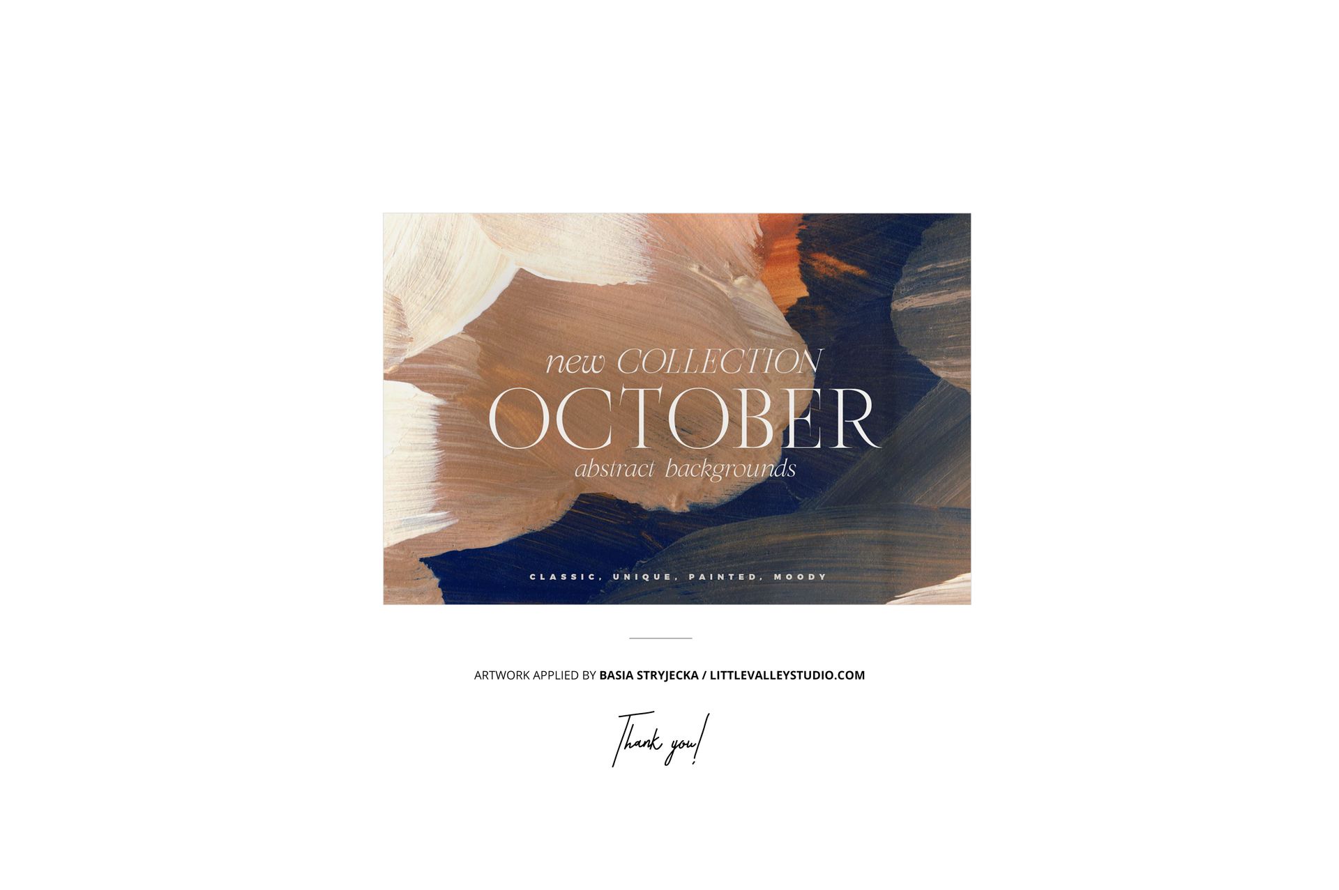 Abstract art mockup with sweeping brushstrokes in brown, cream, and blue, centered on a plain white backdrop.